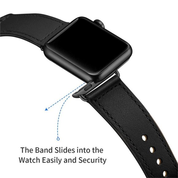 NEW[BAND] Black Genuine Leather For Apple Watch - Picture 3 of 6
